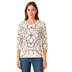 J. McLaughlin Equestrian Print Top Women's Size L 3/4 Sleeve White